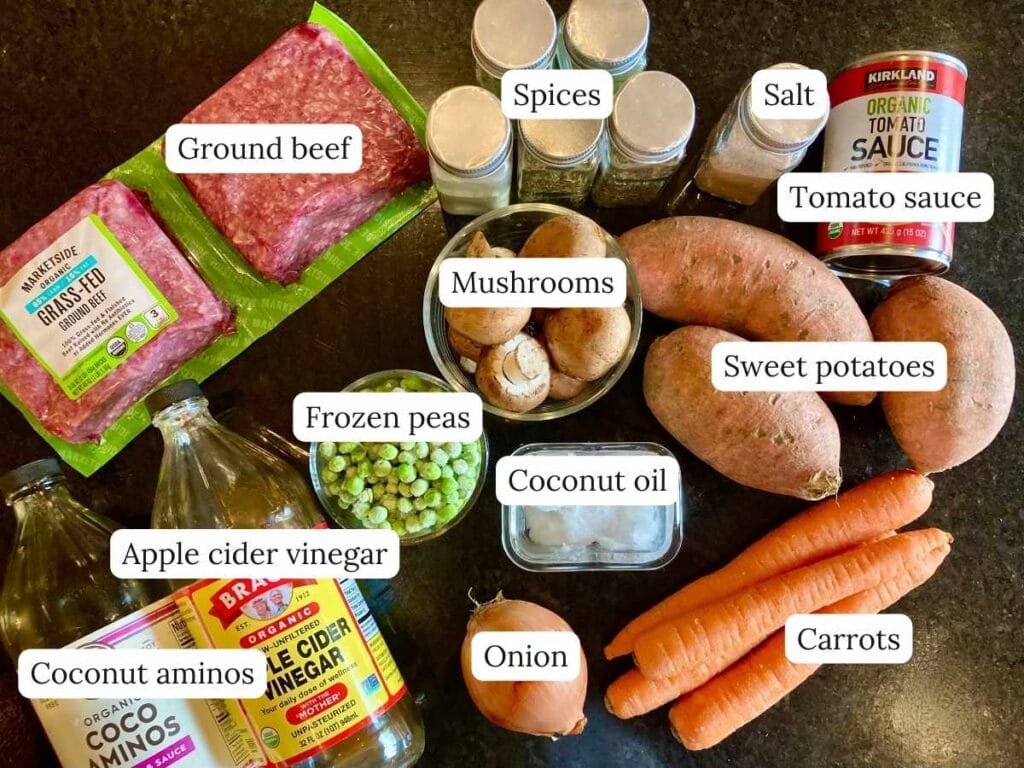Ingredients for sweet potato cottage pie on counter