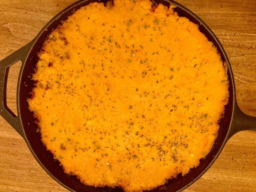 Sweet potato cottage pie in cast iron skillet