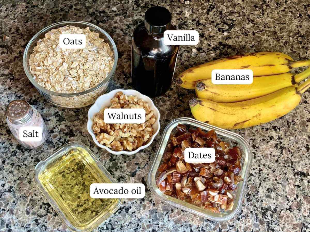 Ingredients for 3 banana and date oatmeal cookies on counter.