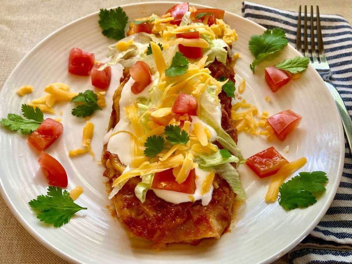 Chicken and cilantro enchilada on a plate with chopped tomatoes and fresh cilantro.