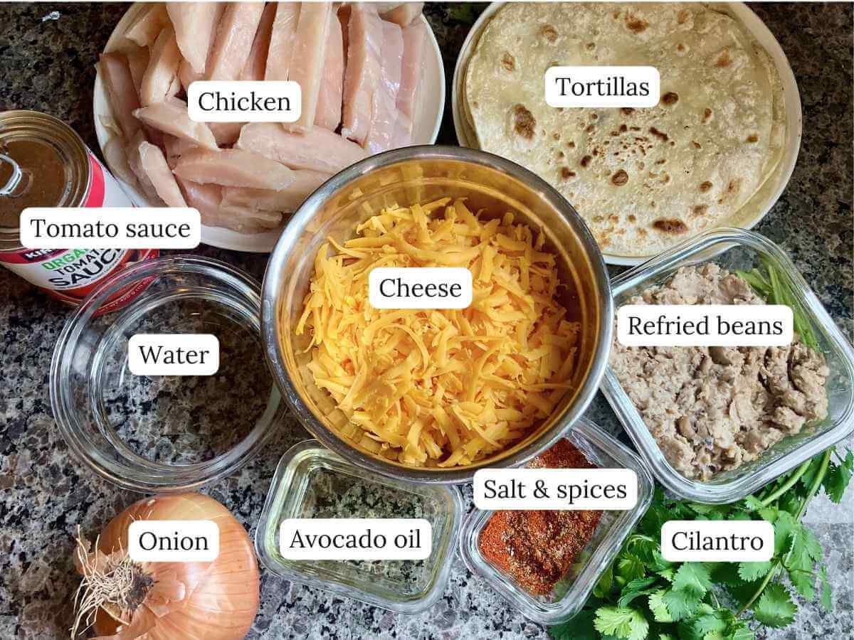 Ingredients for chicken and cilantro enchiladas on a counter.