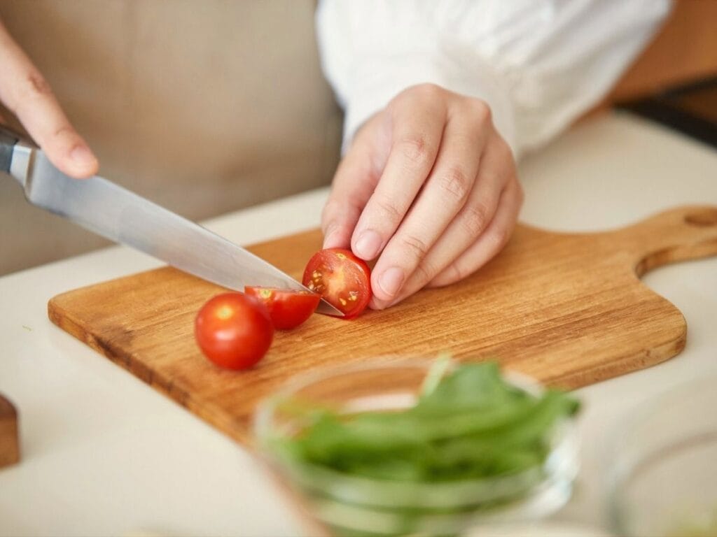 Hands cutting tomato on wooden cutting board.