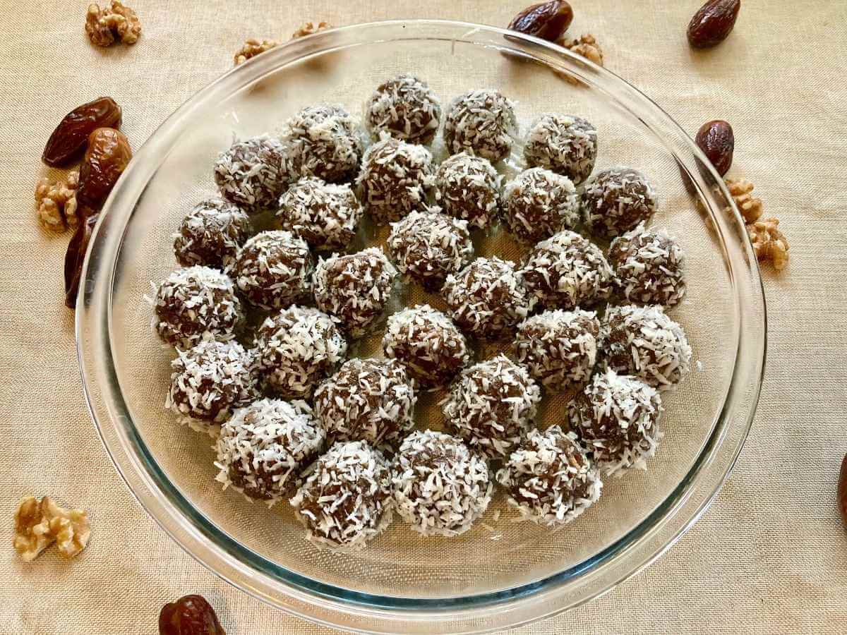 Energy balls with dates in a baking dish.