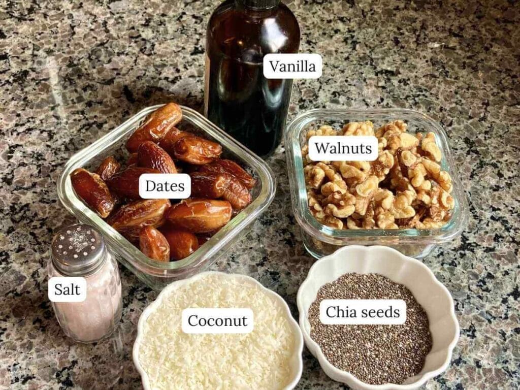 Ingredients for energy balls with dates on a counter.