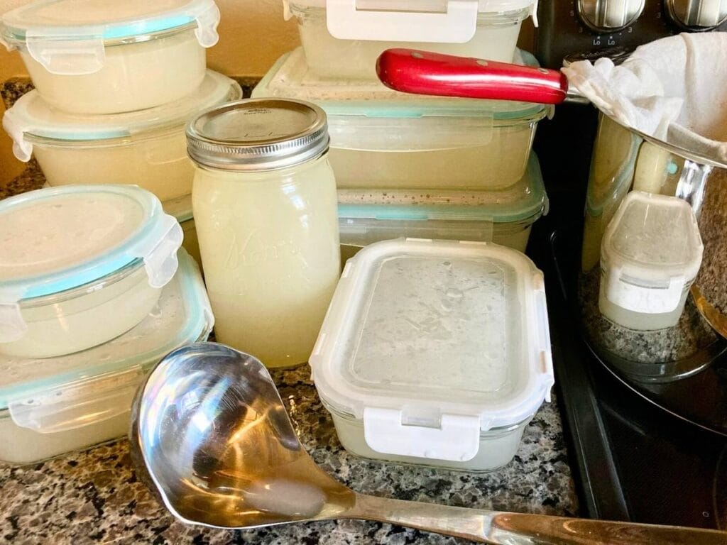 Containers full of bone broth.
