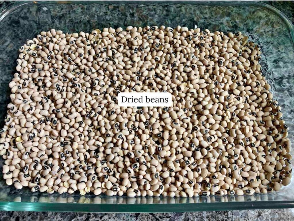 Dry beans in a glass pan.