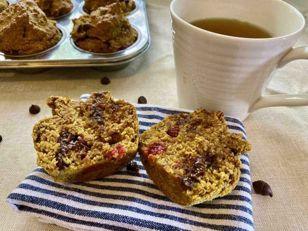 Pumpkin cranberry muffin with a cup of tea.