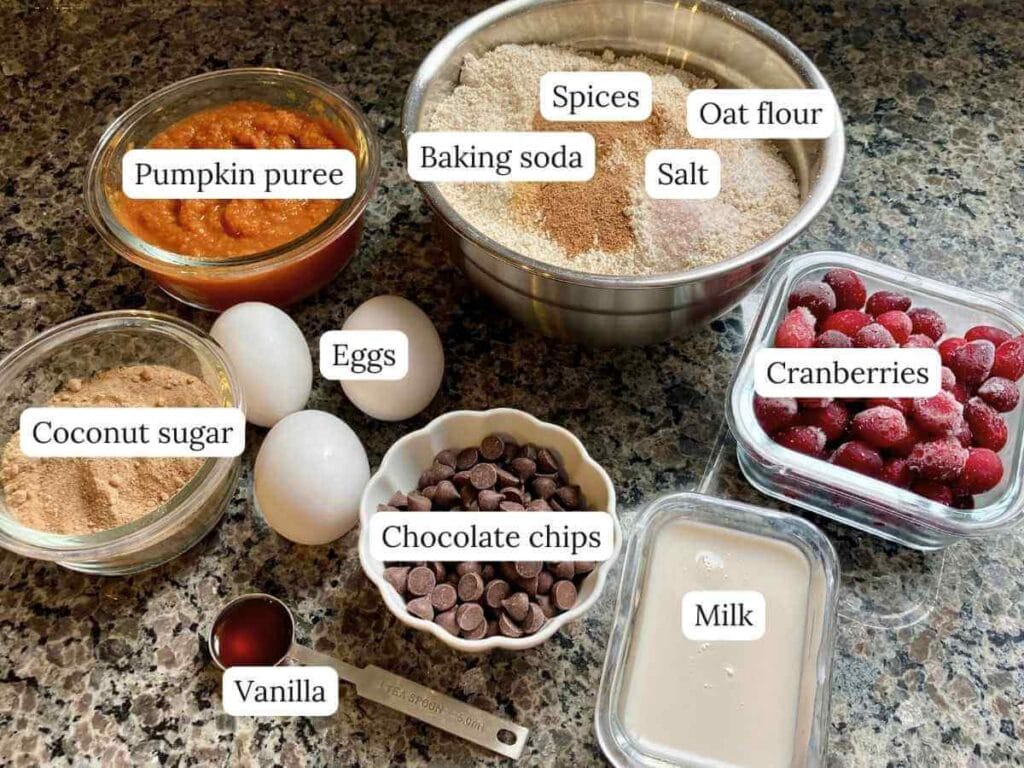Ingredients for pumpkin cranberry bread and muffins.