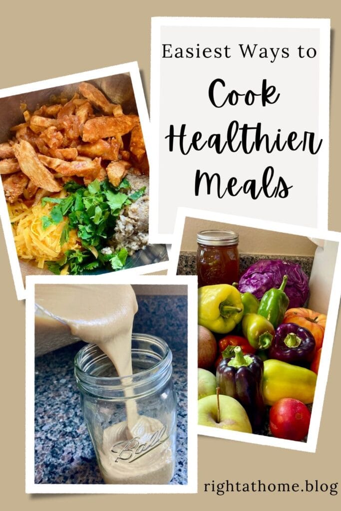 Ingredients in bowl, cashew butter pouring into jar, and fresh vegetables on counter