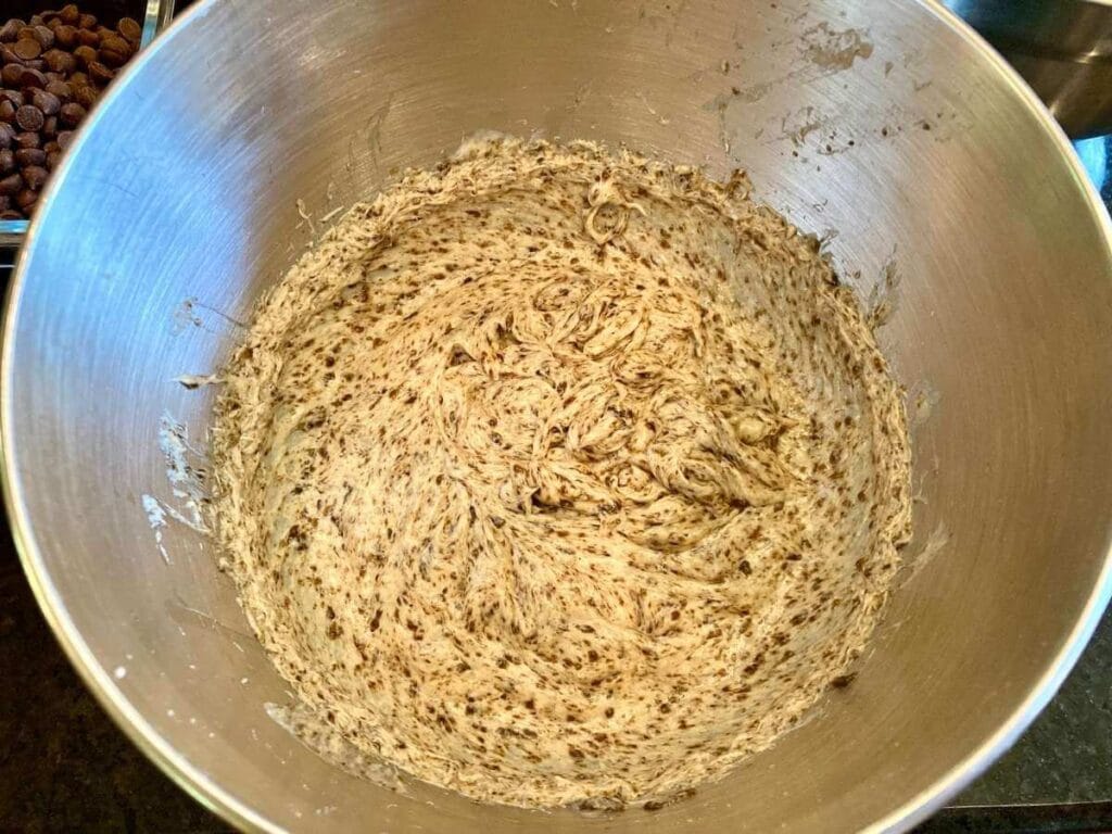 Wet cookie ingredients in a bowl.