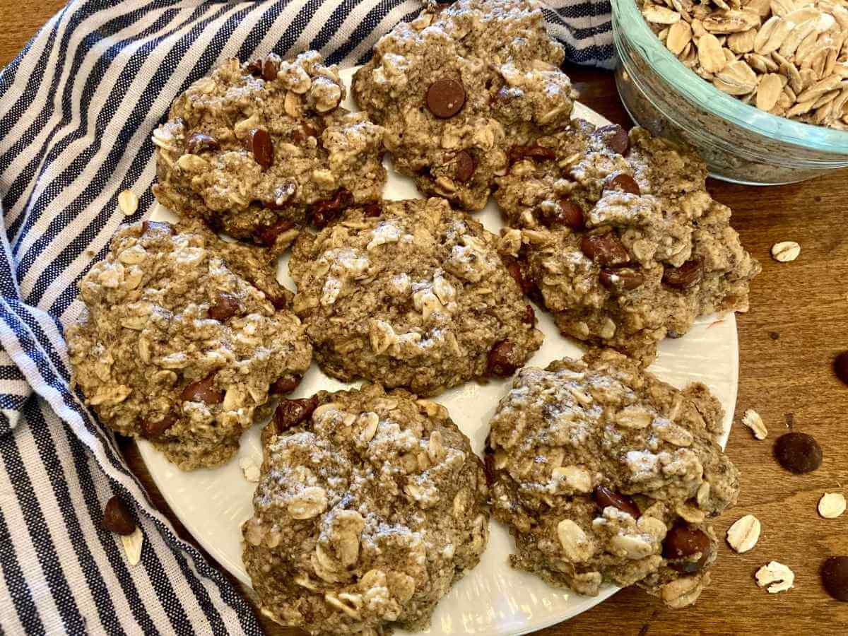 Plate filled with gluten-free chocolate oatmeal cookies.
