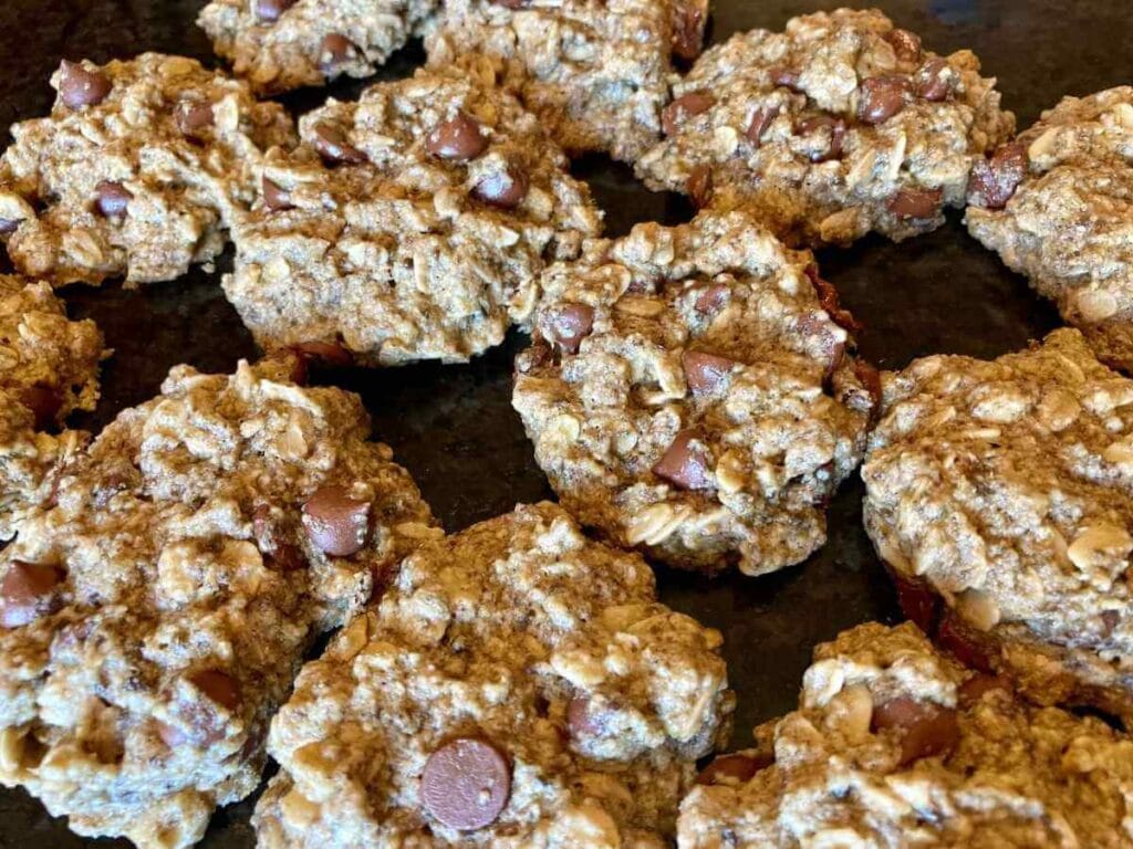 Gluten-free chocolate oatmeal cookies on a counter.