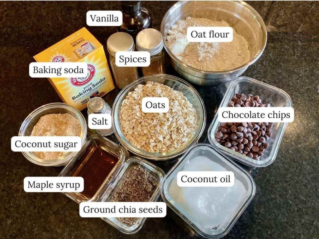 Ingredients for gluten-free chocolate oatmeal cookies.