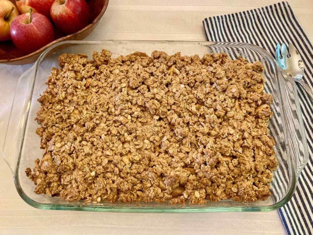 Pan of gluten-free apple crisp right out of the oven.