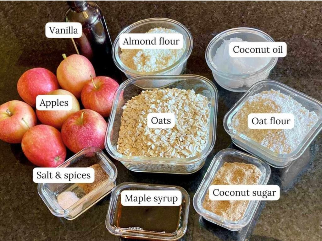 Ingredients for gluten-free apple crisp on a counter.