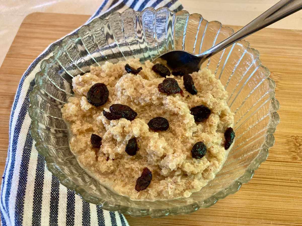 Quinoa pudding in a bowl with dried cranberries.