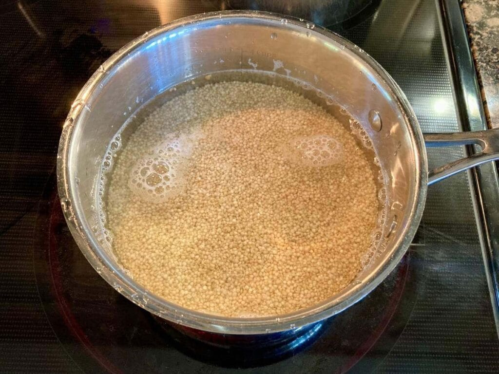 Pot with quinoa and water on the stove.