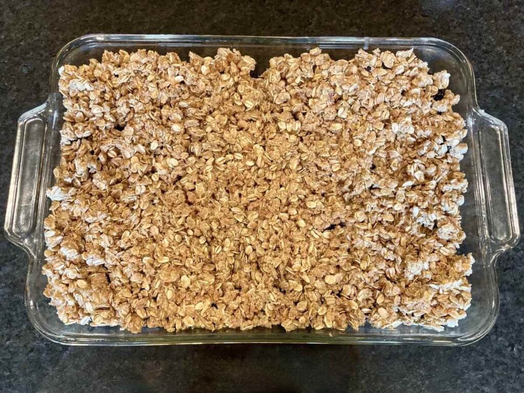 Pan of gluten-free blackberry crisp before baking.