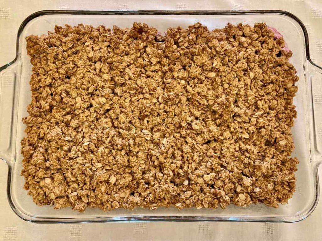 Pan of gluten-free blackberry crisp right out of the oven.