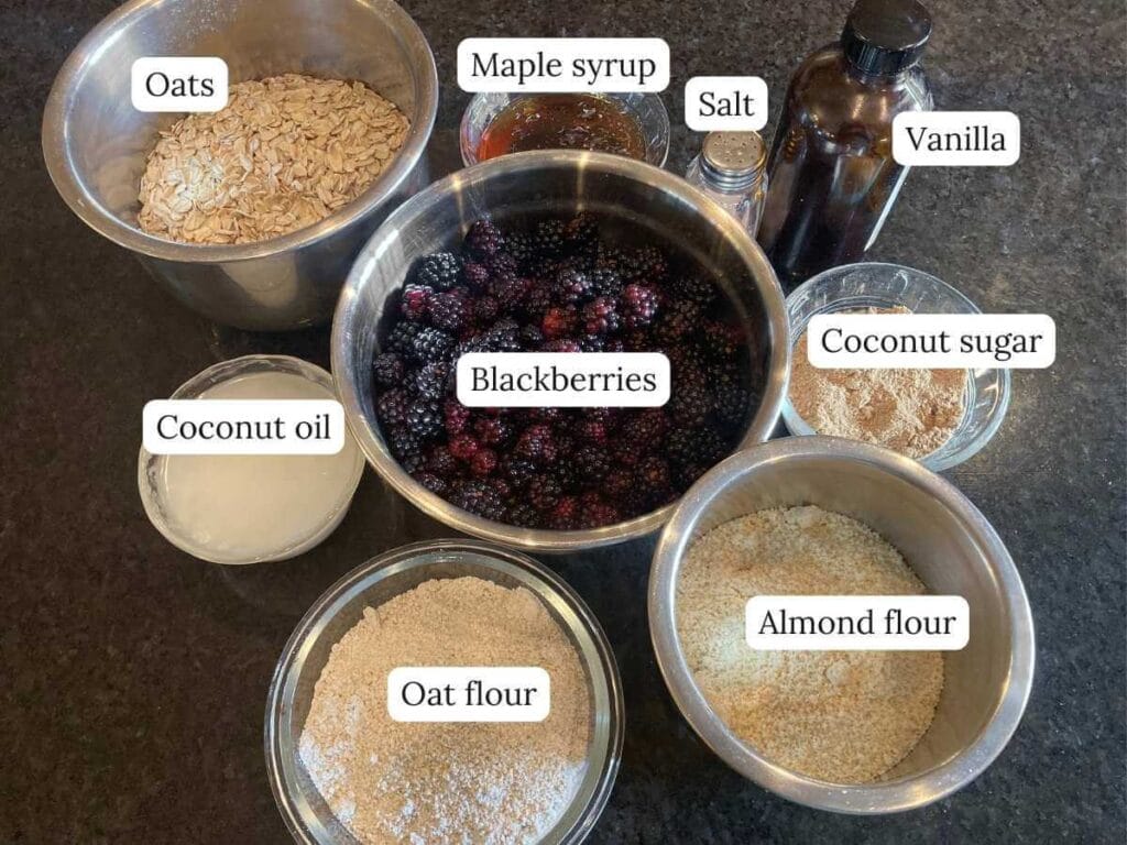 Ingredients for gluten-free blackberry crisp on a counter.