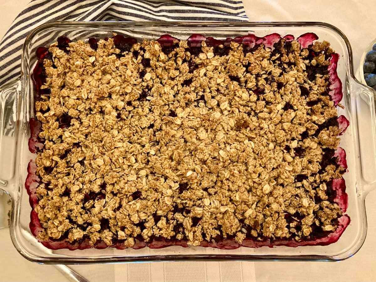 Pan of gluten-free blueberry crisp.