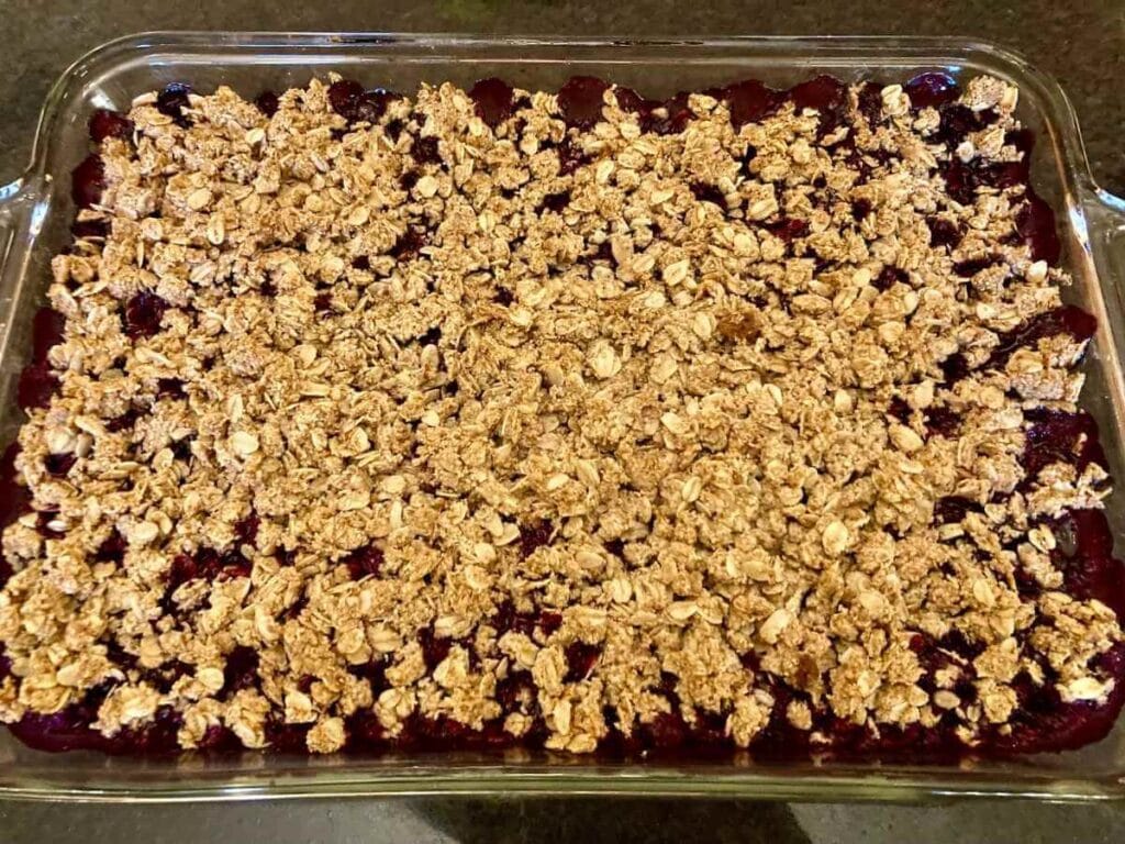 Pan of blueberry crisp right out of the oven.