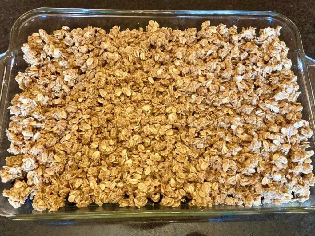 Pan of blueberry crisp before baking.