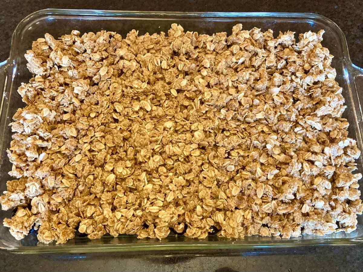 Pan of blueberry crisp before baking.