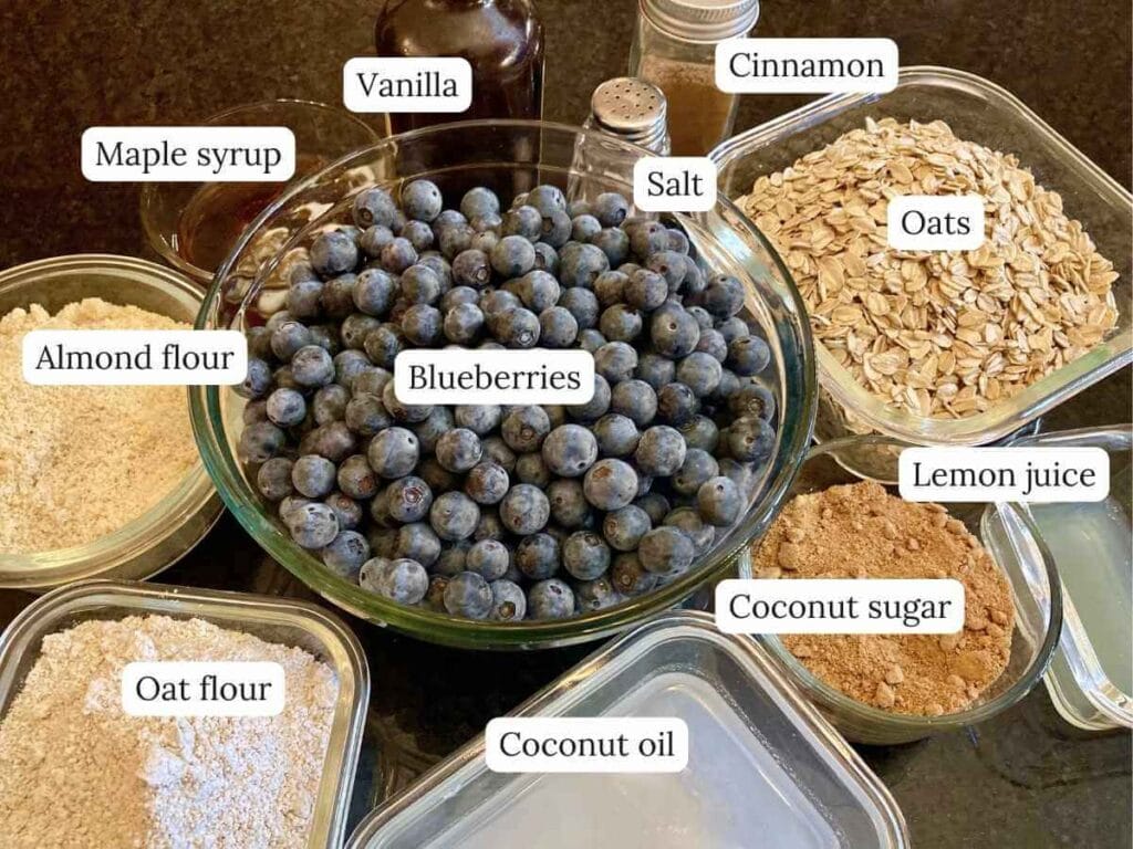 Ingredients for gluten-free blueberry crisp on a counter.