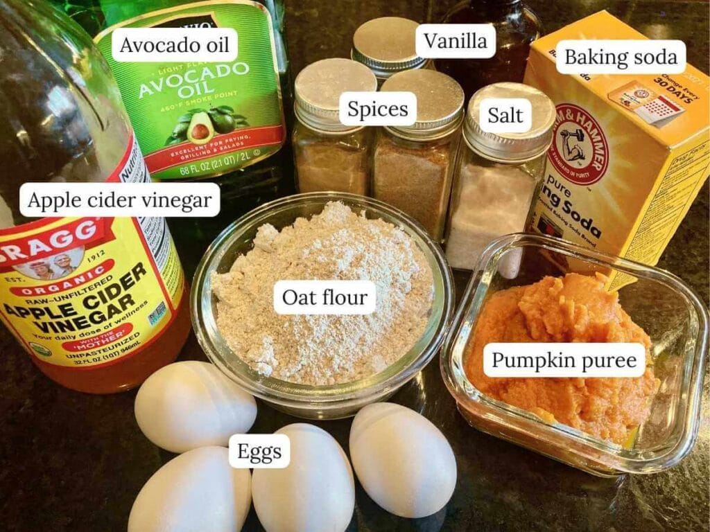 Ingredients for gluten-free pumpkin pancakes on a counter.