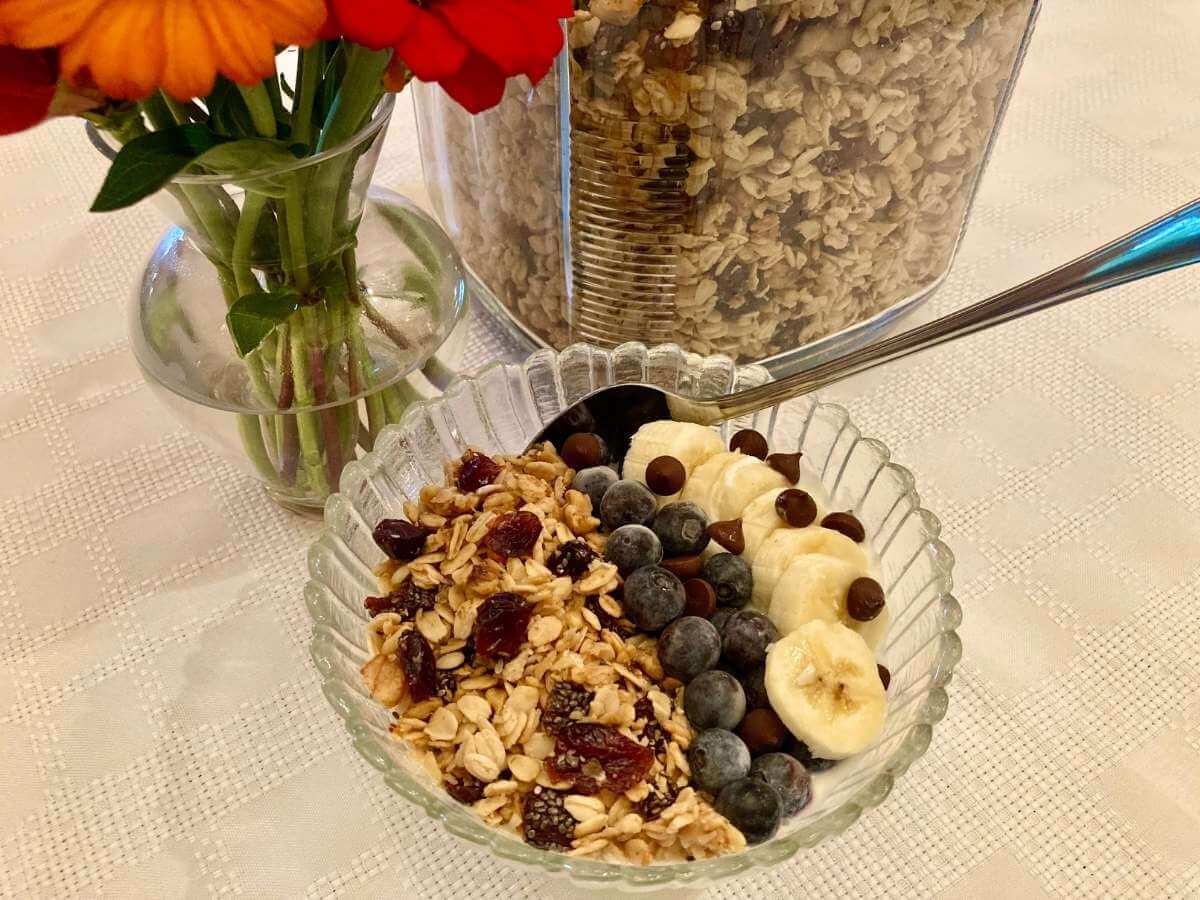 Homemade granola in a bowl over yogurt with blueberries and bananas.