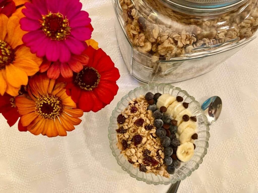 Homemade granola in a bowl over yogurt with blueberries and bananas and container filled with granola.