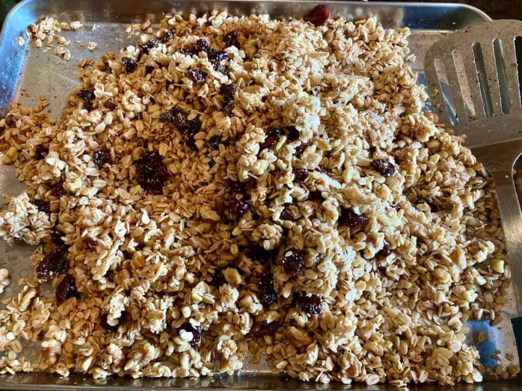 Stirring dried cranberries and chia seeds into granola.