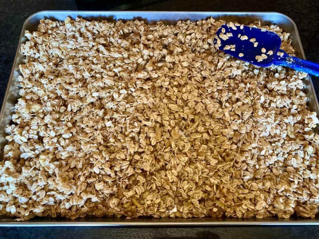 Oat mixture on a baking sheet before baking.