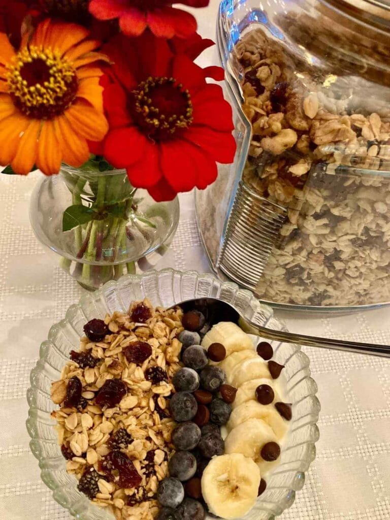 Homemade granola in a bowl over yogurt with blueberries and bananas with container of granola in the background.