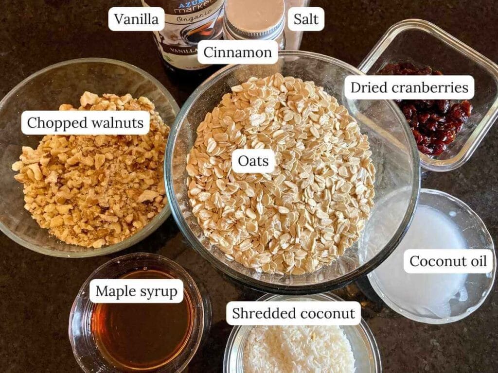 Ingredients for homemade granola on a counter.