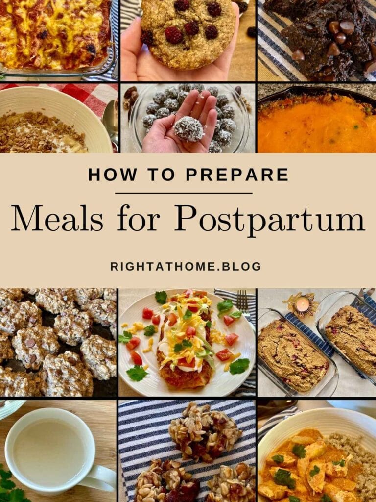 Collage of food to prepare for postpartum.