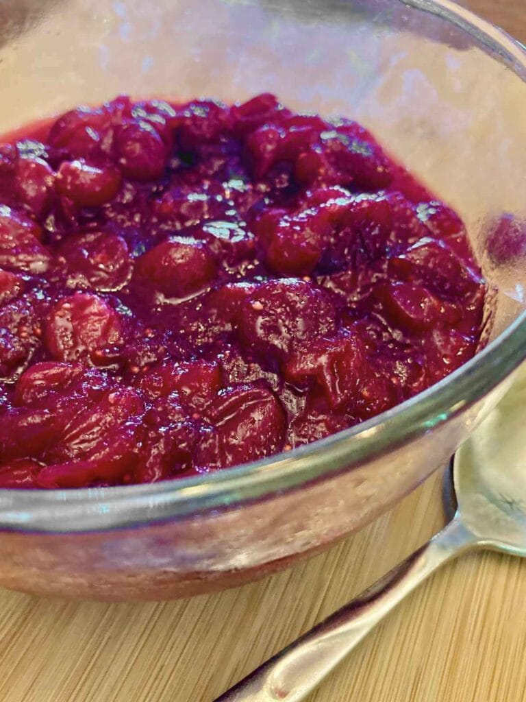 Side view of refined sugar-free cranberry sauce in a bowl.