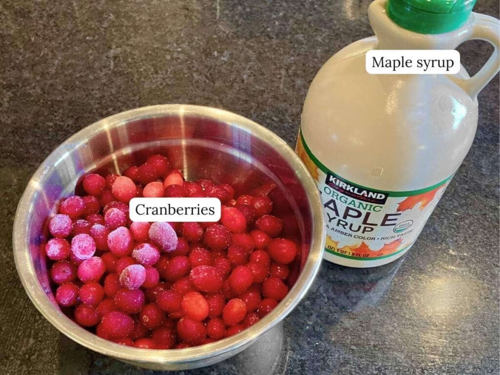 Ingredients for refined sugar-free cranberry sauce on a counter.