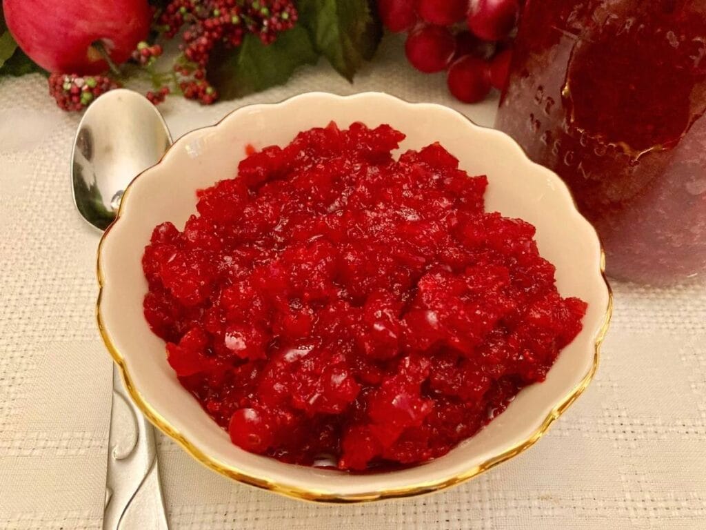 Fermented cranberries in a small bowl.