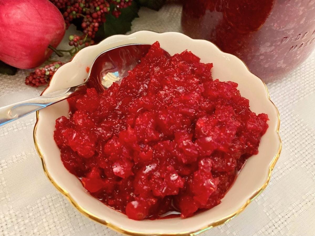 Fermented cranberries in a bowl with a spoon.