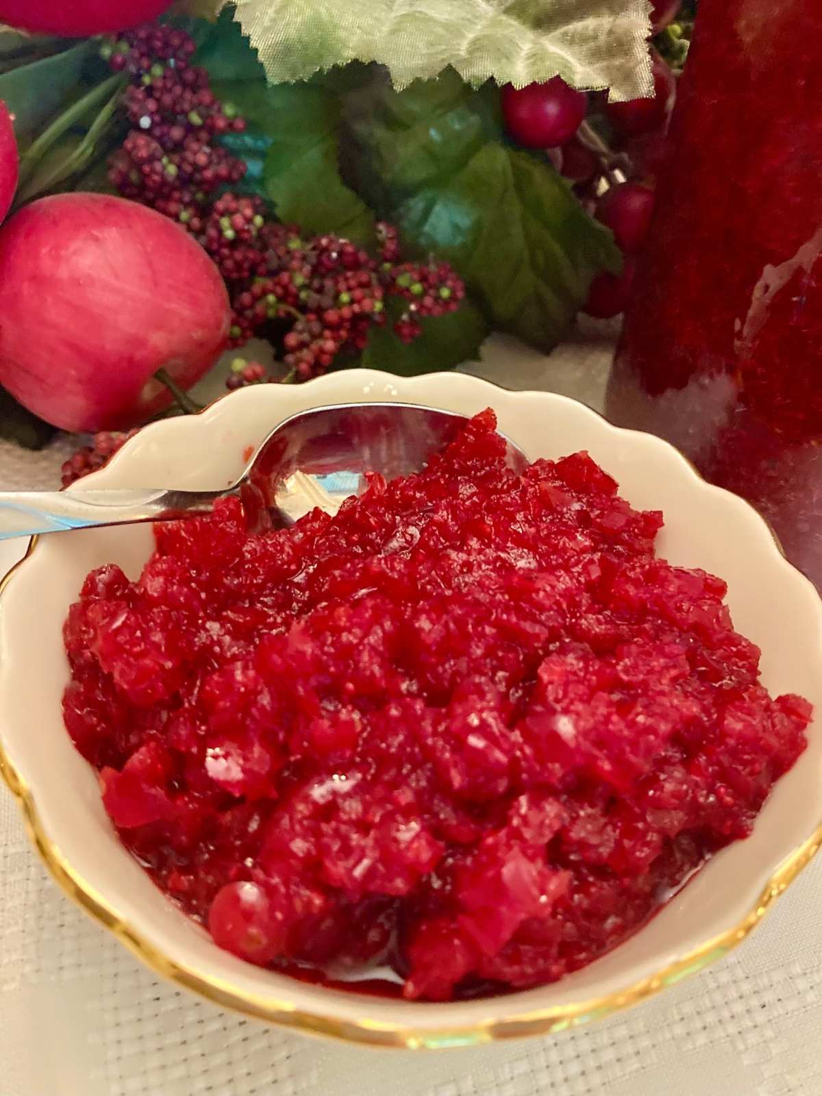 Fermented cranberries in a serving bowl.