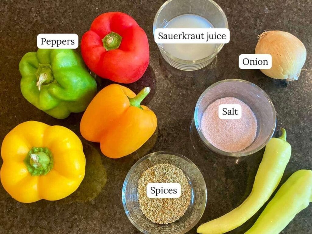Ingredients for fermented peppers and onions on a counter.