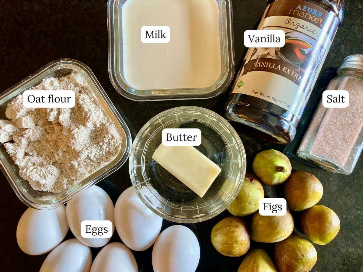 Ingredients for fig Dutch baby on a counter.