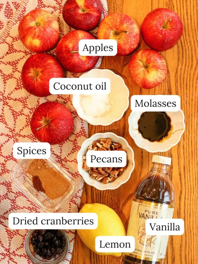 Labeled ingredients on a table including apples, coconut oil, molasses, spices, pecans, lemon, dried cranberries, and vanilla.