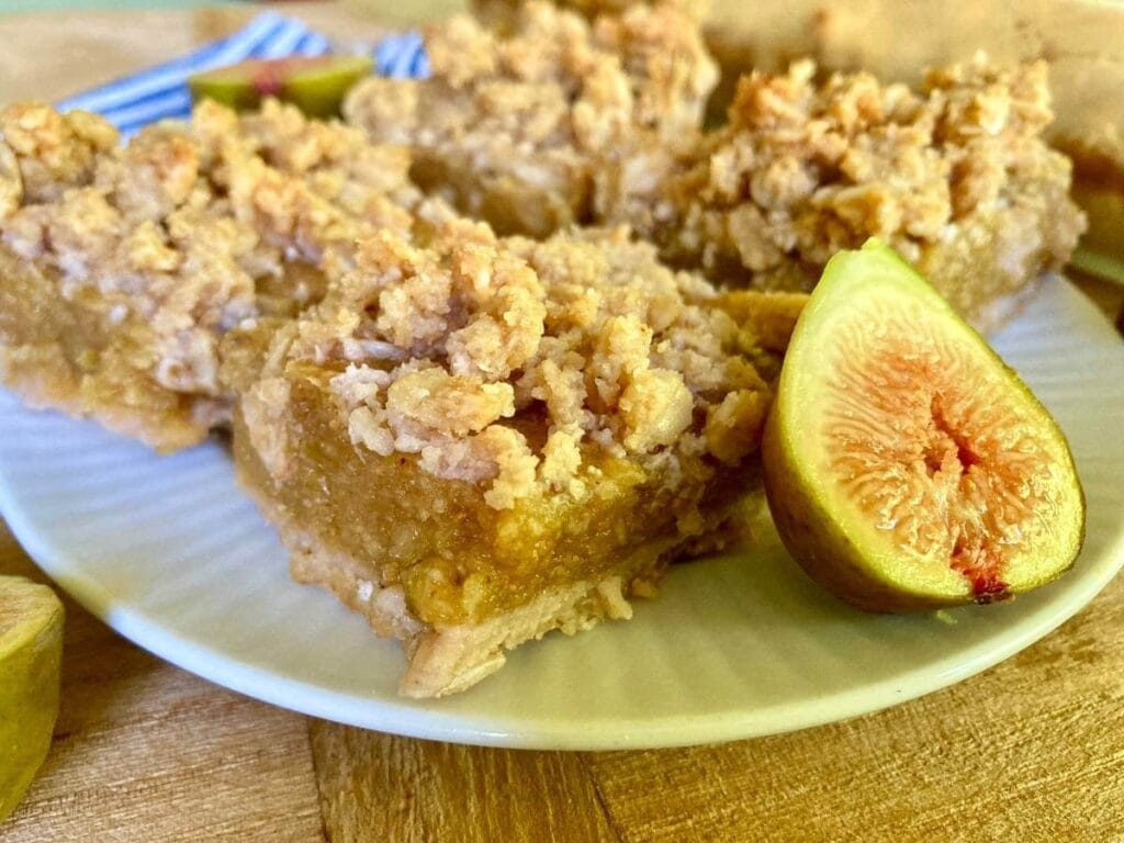 Gluten-free fig bars on a plate with half of a fresh fig.