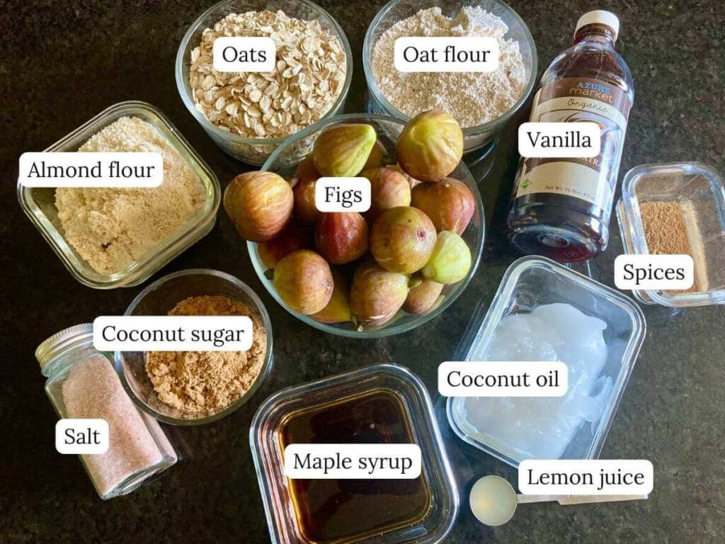 Ingredients for gluten-free fig bars on the counter.