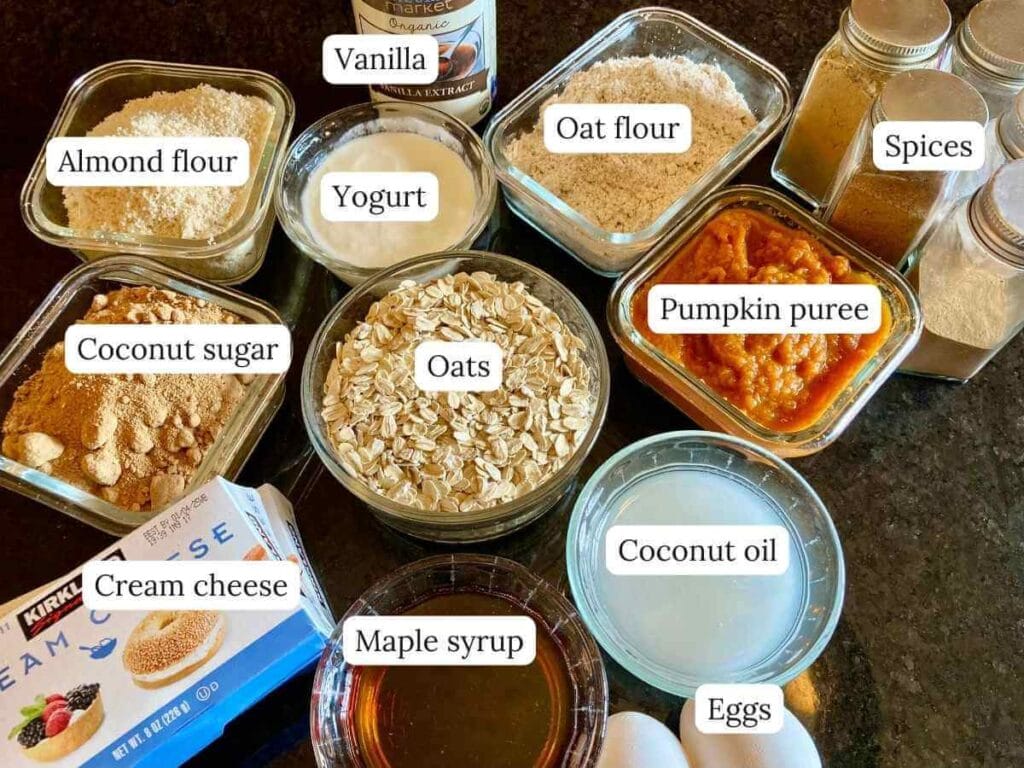 Gluten-free pumpkin cheesecake bar ingredients on the counter.