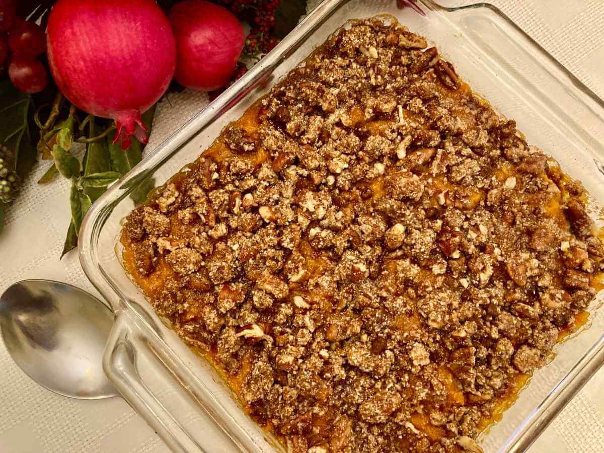 Gluten-free sweet potato casserole in a baking dish.
