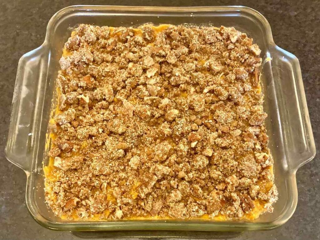 Gluten-free sweet potato casserole before baking.
